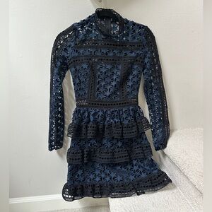Self-Portrait Navy and Black Star Patterned Long Sleeve Lace Dress Size 0